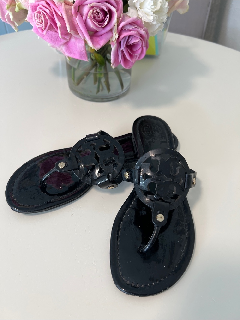 Tory Burch Black Patent Miller Logo Thong Sandals